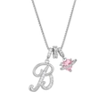 Macro detail of silver necklace with zircon letter B and pink heart Saturn pendant - Letter B / Silver