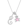 Detail of silver box chain necklace with letter E and pink heart bear pendant - Letter E / Silver