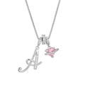 Detailed view of silver letter A pendant with pink heart planet and micro-paved zircons - Letter A / Silver
