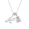 Close-up of silver box chain necklace with diamond letter K and pink heart bear pendant - Silver H