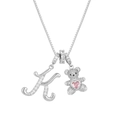 Silver bear necklace with letter K pendant and pink heart stone on white background - Silver K