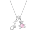 Macro shot of silver teddy bear pendant with pink heart stone and letter J on box chain - Letter J / Silver