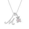 Silver bear necklace with letter M pendant and pink heart gem on white background - Silver M