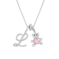 Macro shot of silver teddy bear pendant with pink heart stone and letter L charm - Letter L / Silver