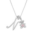 Detail of silver box chain necklace with crystal letter N and pink heart bear pendant - Silver N