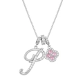 Letter P clover pendant necklace with pink gems and white zircon in silver finish - Silver Letter P Style