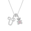 Silver bear necklace with initial V pendant and pink heart stone on a box chain - Silver V