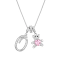 Silver teddy bear necklace with pink heart and iced out letter O pendant on white backdrop - Letter O / Silver