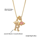 Gold plated box chain necklace featuring a crown letter R zircon pendant and pink gemstone - Gold Letter R Style