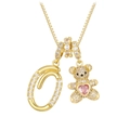 Detail of bear pendant with pink heart stone and crystal paved letter O on gold chain - Gold O