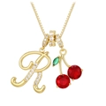 Collar dorado con colgante de letra R con cristales y dijes de cerezas rojas - Dorado R (Colgante + Cadena de Caja)