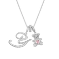 Silver bear pendant necklace with crystal letter E and pink heart rhinestone - Silver Y