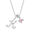 Detailed macro of letter K pendant with pink heart saturn charm on silver chain - Letter K / Silver