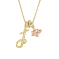 Gold plated initial letter necklace with pink heart gemstone and sparkling planet ring - Letter J / Gold
