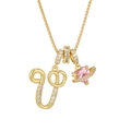 Gold letter U necklace with a sparkling pink heart pendant on a delicate chain - Letter V / Gold