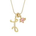Gold-plated letter F necklace with pink heart planet pendant and white zircons - Letter I Heart Planet Necklace (With Stainless Steel Snake Chain) / Gold