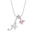Macro detail of silver letter A pendant with pink heart planet and sparkling cubic zirconia - Letter A Heart Planet Necklace (With Stainless Steel Snake Chain) / Silver