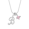 Silver snake chain necklace featuring a crystal letter B and pink heart planet pendant - Letter B Heart Planet Necklace (With Stainless Steel Snake Chain) / Silver