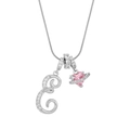 Detail of silver snake chain with crystal letter E and pink heart planet pendant - Letter E Heart Planet Necklace (With Stainless Steel Snake Chain) / Silver