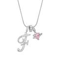 Macro view of silver letter F pendant with pink heart gemstone and sparkling crystals - Letter F Heart Planet Necklace (With Stainless Steel Snake Chain) / Silver