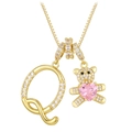 Detail of gold letter Q necklace with zircon bear holding a pink heart crystal - Letter Q / Gold