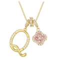 Gold letter Q clover necklace with pink gemstone and zircon flower charm - Gold Letter Q Style