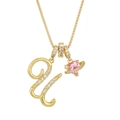 Gold-plated letter U necklace with pink heart Saturn pendant and cubic zirconia - Letter U / Gold