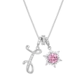 Detail of silver box chain necklace with diamond-set letter J and pink snowflake pendant - Box Chain / Silver I