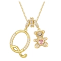 Golden necklace with letter Q and teddy bear pendant featuring a pink heart stone - Gold Q