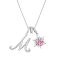 Detailed macro view of silver snowflake pendant with pink gemstone and zircon M letter - Box Chain / Silver M