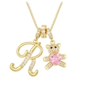 Golden R letter necklace with iced-out bear pendant and pink heart stone - Letter R / Gold