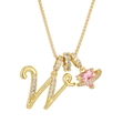 Gold-plated letter W pendant necklace with white crystals and pink heart planet charm - Letter W / Gold