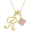 Gold clover necklace with pink gemstone flower and crystal-encrusted letter R charm - Gold Letter R Style