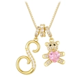 Golden necklace with crystal-studded letter S and pink heart teddy bear pendant - Letter S / Gold