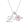Detail of silver box chain necklace with zircon letter L and pink heart arrow pendant - L / Silver