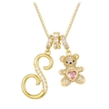 Gold letter S and bear necklace with pink heart gem and white zircon pavé - Gold S