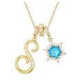 Detailed macro view of gold letter S necklace with blue zircon and snowflake pendant detail - Gold - Letter S