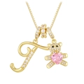Golden bear necklace with pink heart and crystal letter pendant on box chain - Letter T / Gold