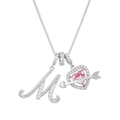 Macro view of silver necklace with pink heart pendant and zircon letter M charm - M / Silver