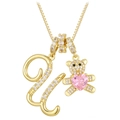 Cute gold bear necklace with letter U pendant and pink heart gemstone charm - Letter U / Gold