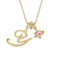 Gold letter E necklace with pink heart Saturn pendant and sparkling micro-pave crystals - Letter Y / Gold