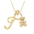 Golden bear necklace with letter J, pink heart stone and sparkling cubic zirconia - Gold T