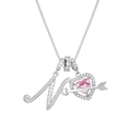 Macro shot of silver letter N necklace with pink heart pendant and cubic zirconia - Letter N / Silver