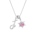 Detail of silver chain with sparkling letter J and pink snowflake crystal charms - Box Chain / Silver J