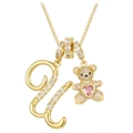 Letter U bear pendant necklace with pink heart gemstone and sparkling crystals on box chain - Gold U