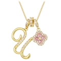 Golden necklace featuring a letter U pendant with micro-set zircon clover and pink stones - Gold Letter U Style