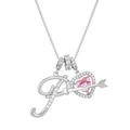 Macro detail of silver necklace with pink heart stone and zircon cursive letter P - Letter P / Silver