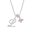 Detail of silver letter L pendant and pink heart planet charm with crystals on box chain - Letter L / Silver