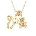Gold letter U and bear pendant necklace with white zircons and pink heart stone - Gold V