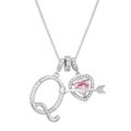 Macro detail of silver necklace with zircon letter Q and pink heart arrow pendant - Letter Q / Silver